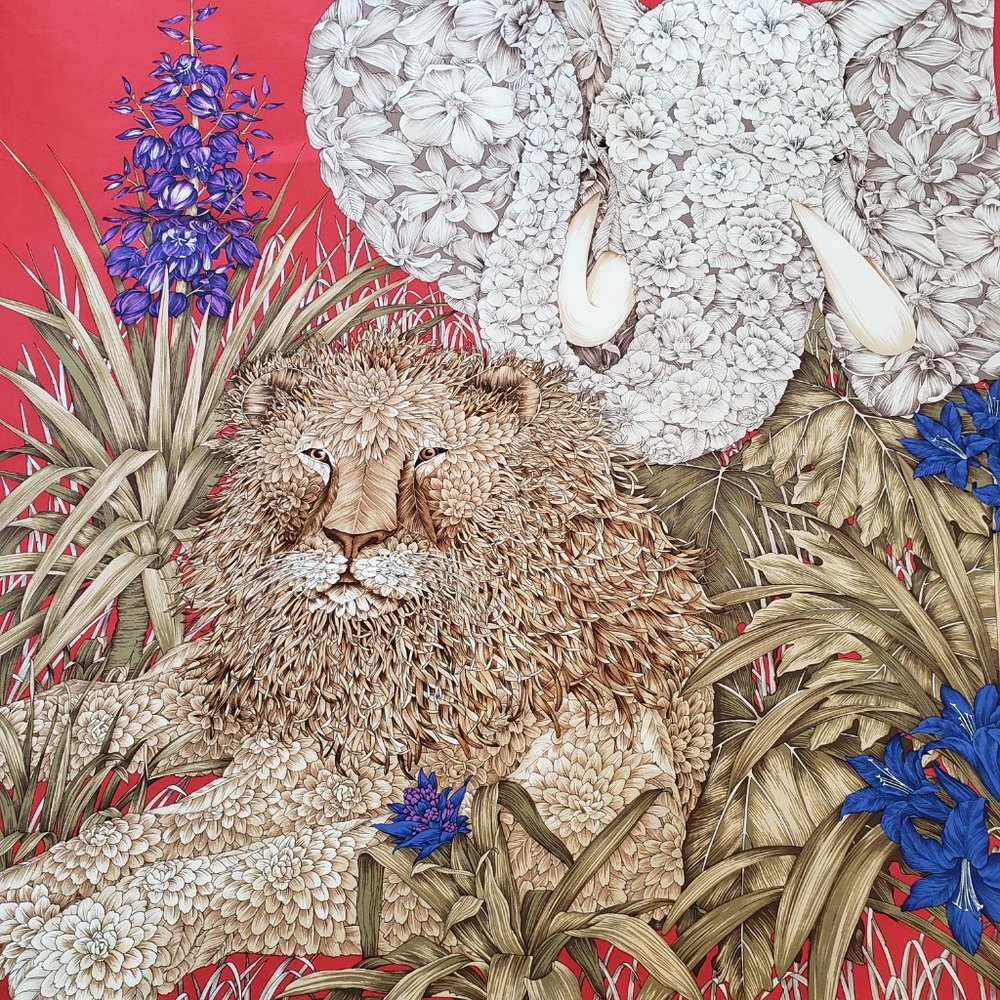 Vintage Salvatore Ferragamo Scarf Lion Elephant Flowers 34x34 Silk 1990s Y2K